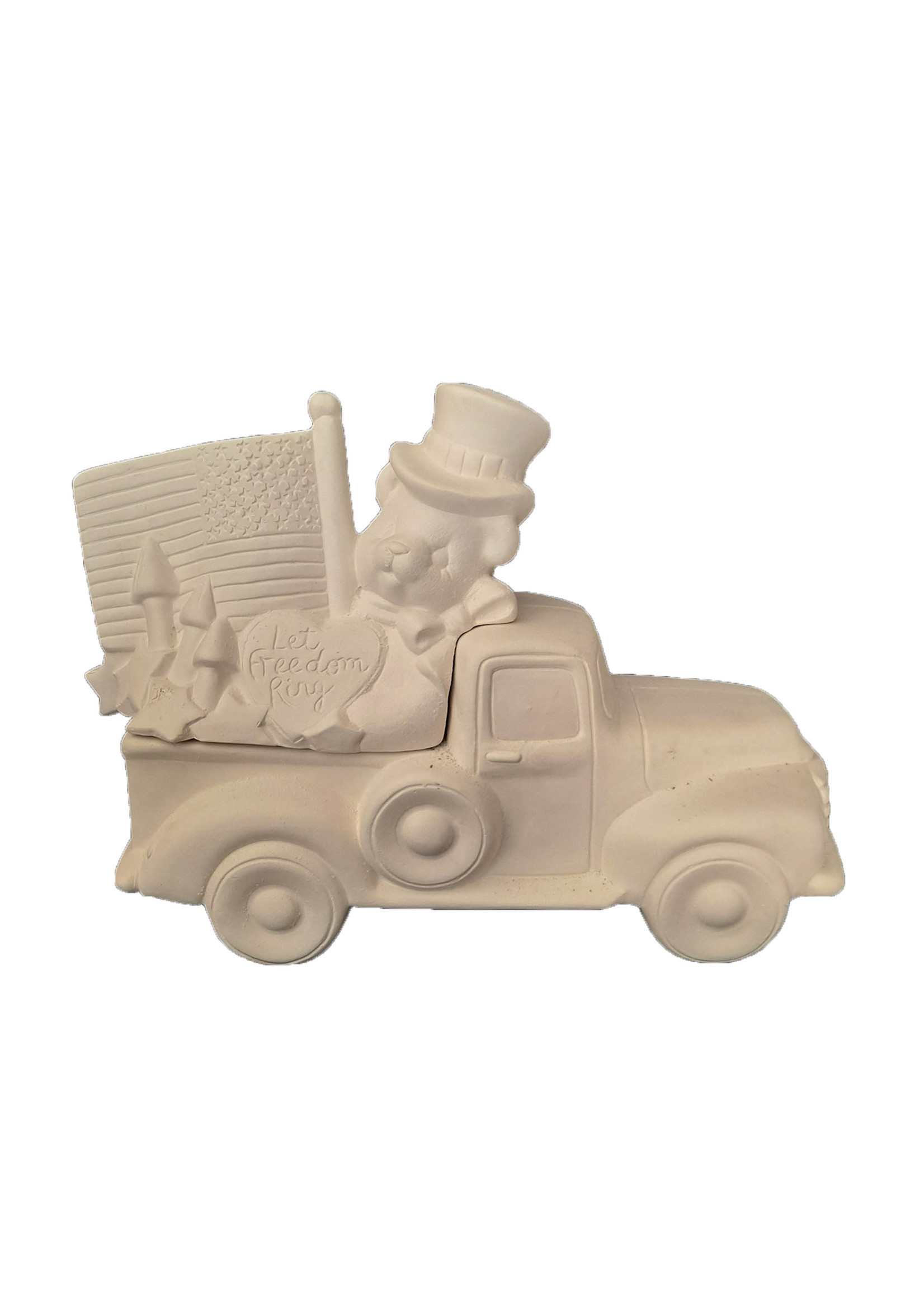 Creative Kreations Ceramics and Gifts Pick Up  Truck with 4th of July Sam Bear Insert 9.5" x 4.5" Ceramic Bisque, Ready to paint
