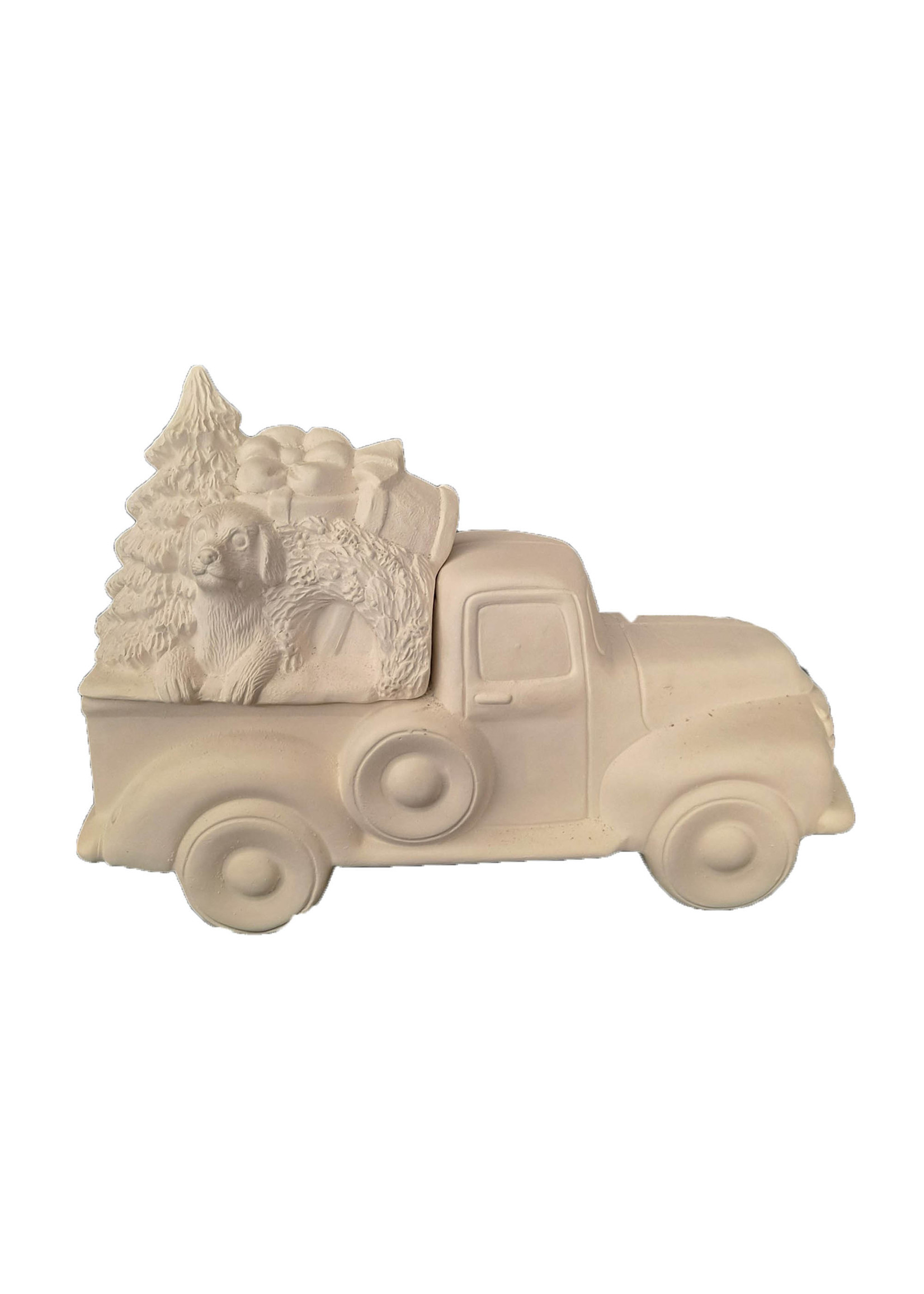 Creative Kreations Ceramics and Gifts Pick Up Truck 9.5" x 4.5" with Christmas Puppy Insert Ceramic Bisque, Ready to Paint