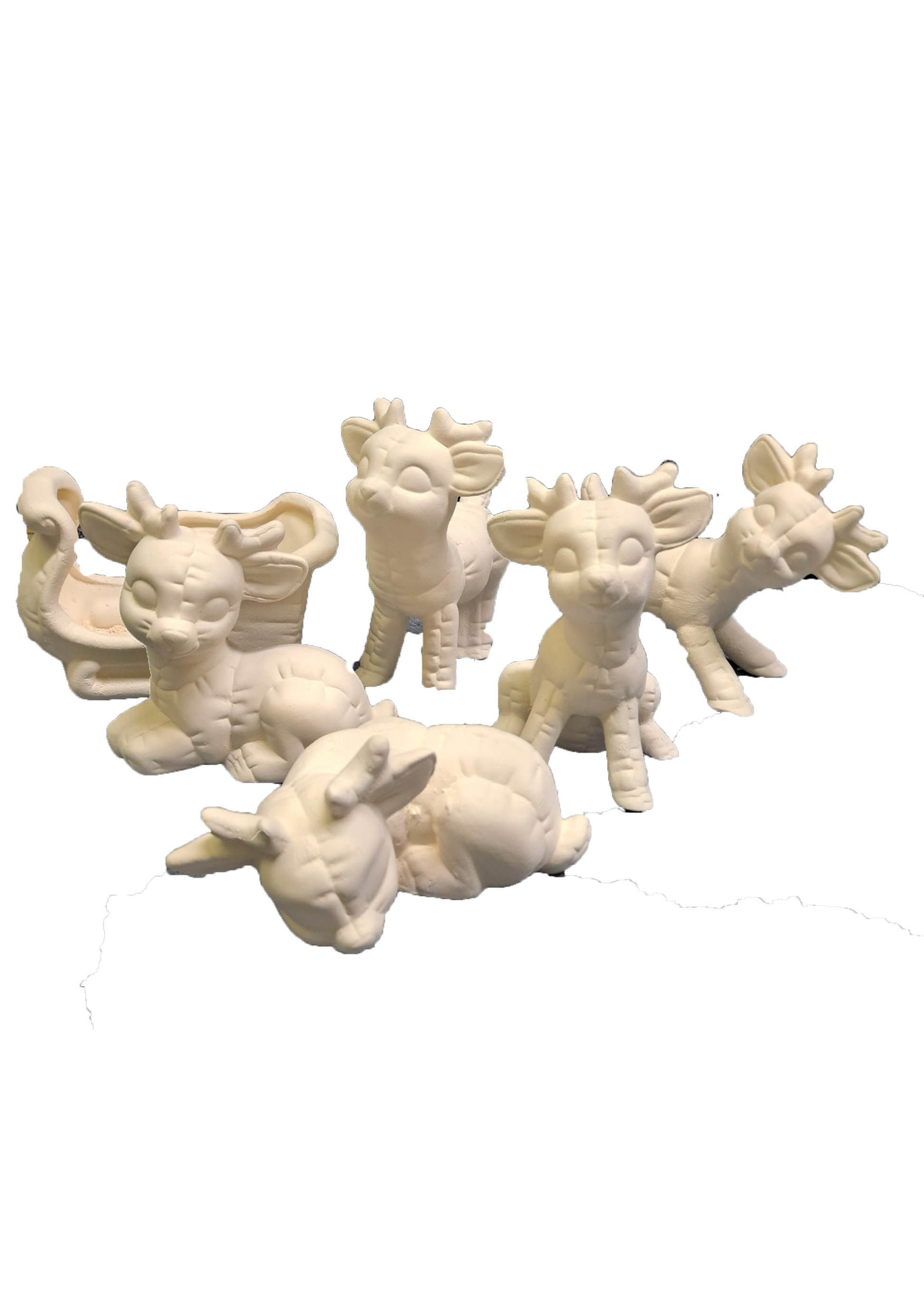 Creative Kreations Ceramics and Gifts Softy Miniature Reindeer 5" Set of 5 and Sleigh Ceramic Bisque, Ready to Paint