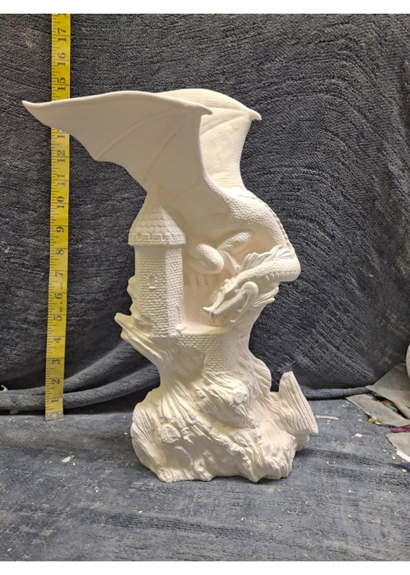 Creative Kreations Ceramics and Gifts Driftwood Dragon on Castle 13.5" Ceramic Bisque, Ready to Paint