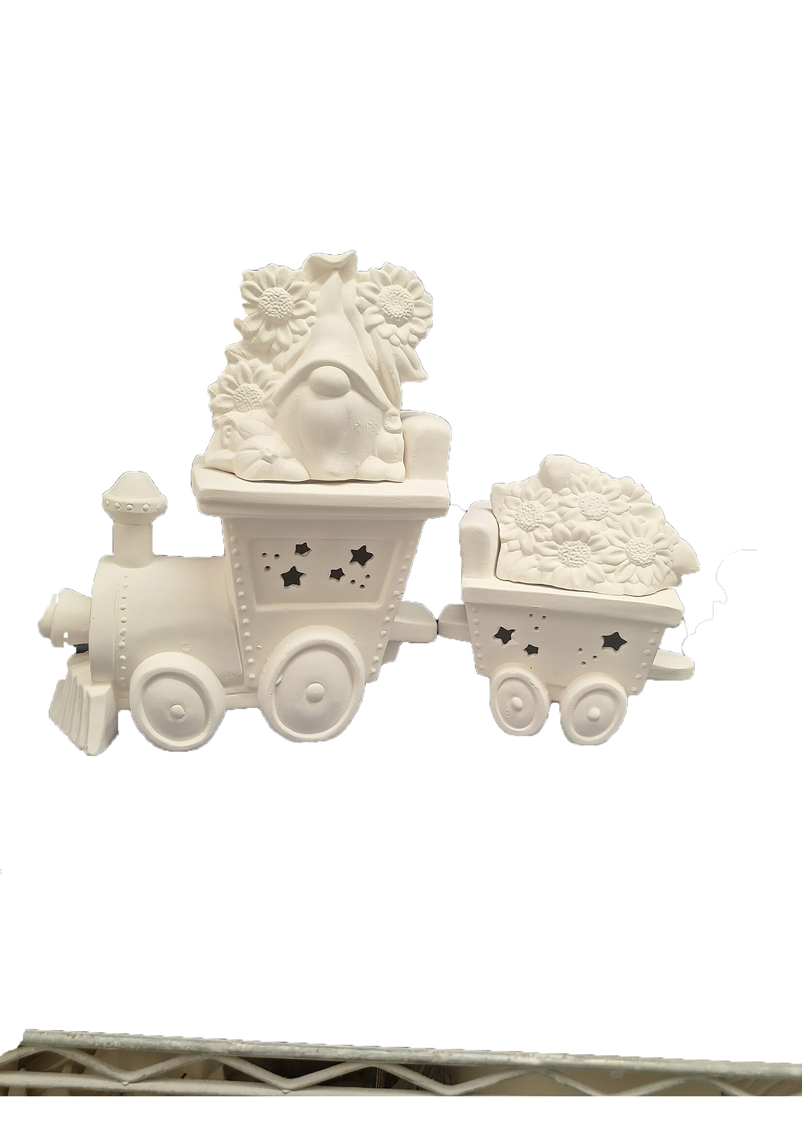 Creative Kreations Ceramics and Gifts Choo Choo Train / Caboose with Sunflower Gnome and Sunflower Insert ceramic bisque ready to paint