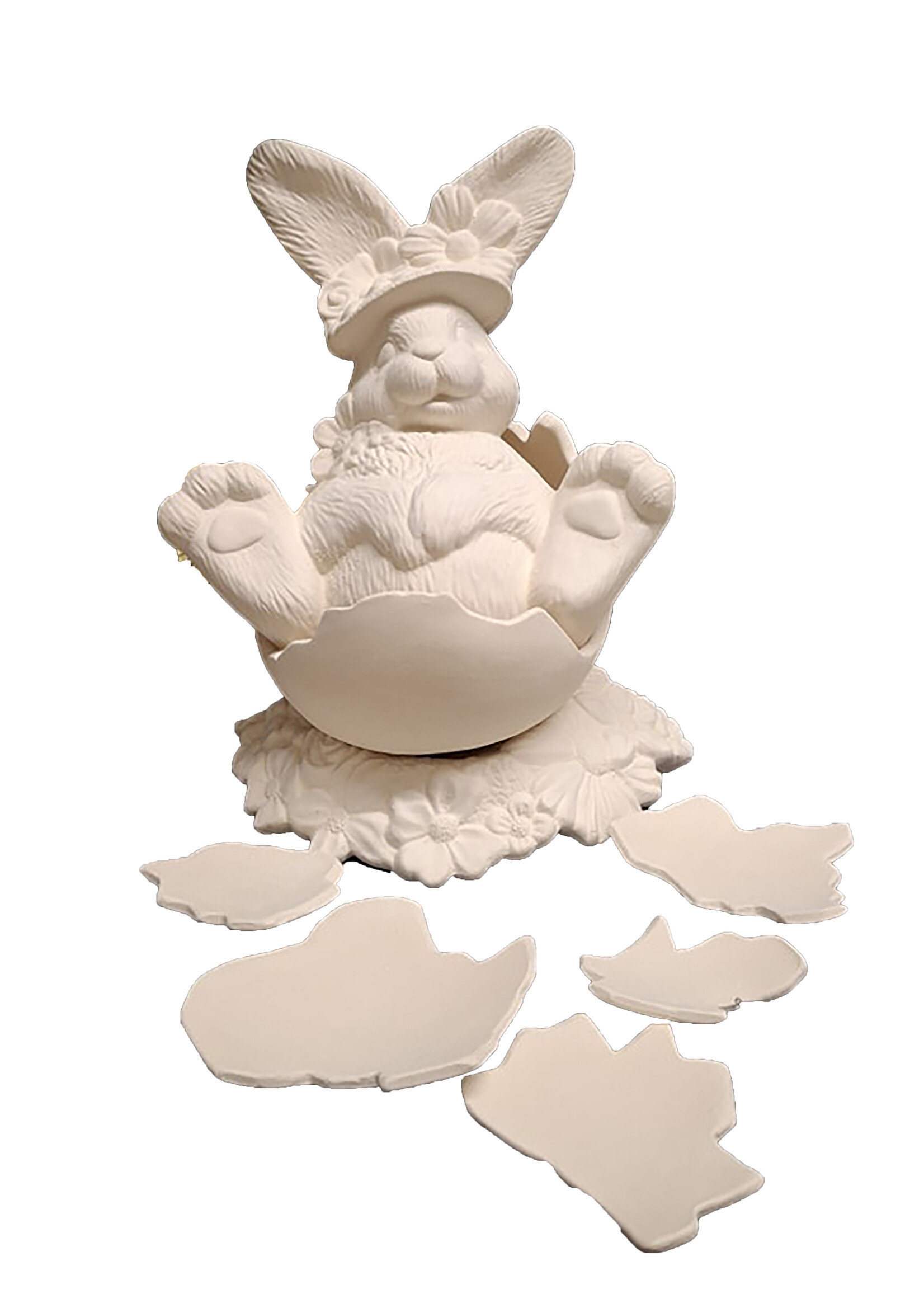 Creative Kreations Ceramics and Gifts Bunny in Cracked Egg ceramic bisque, ready to paint