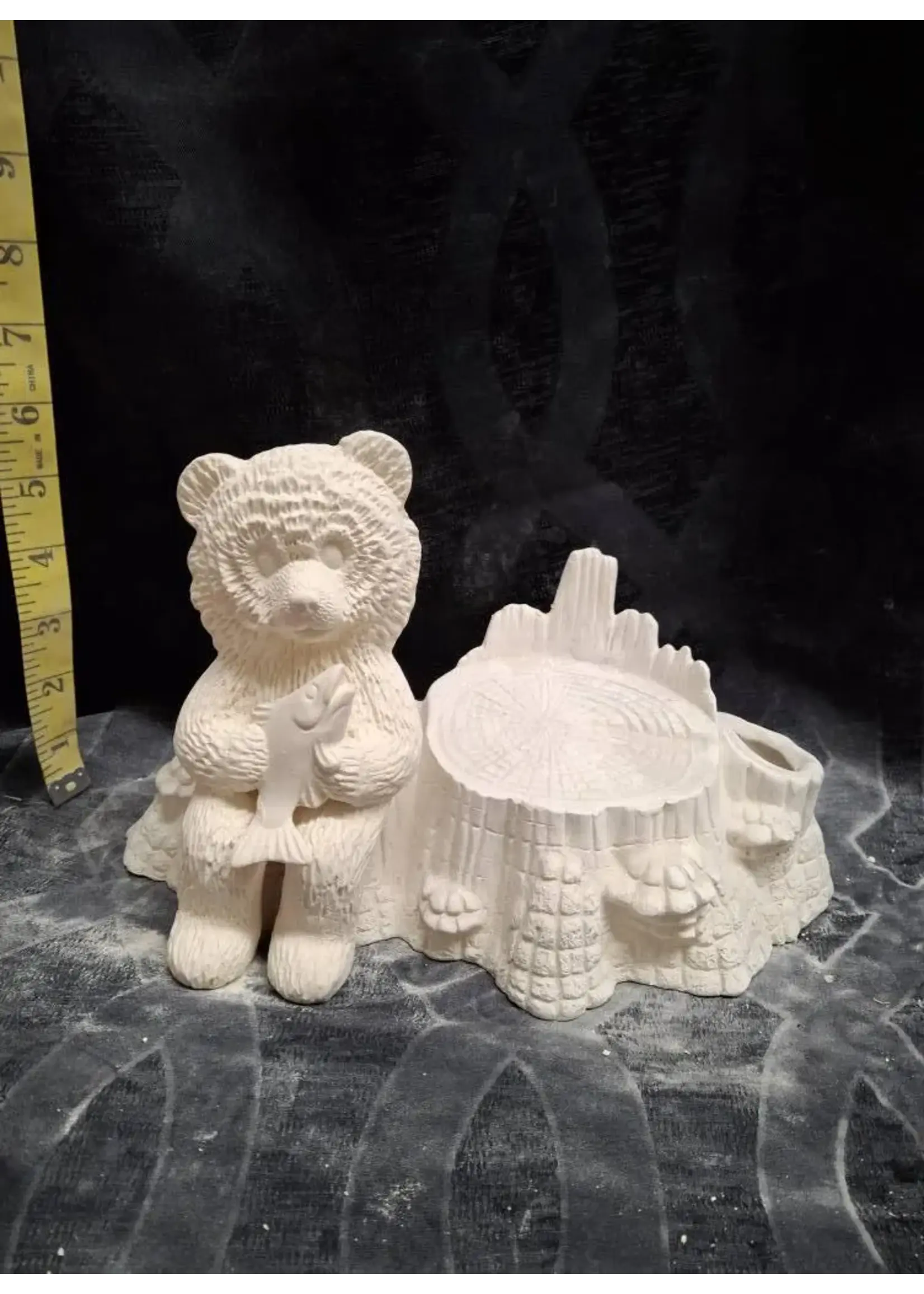 Creative Kreations Ceramics and Gifts Bear with Fish on Stump Box ceramic bisque, ready to paint