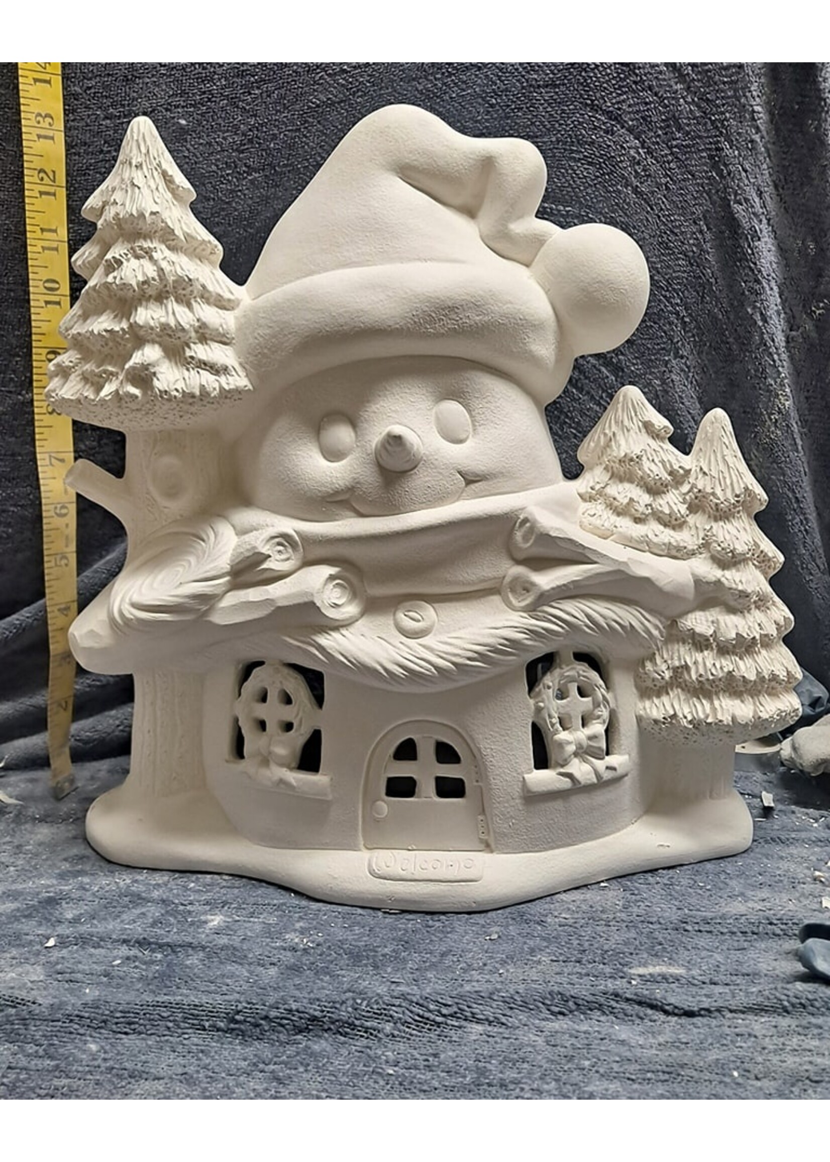 Creative Kreations Ceramics and Gifts Cozy Snowman Cottage  15" x 10" Fairy House, Ceramic Bisque, Ready to Paint