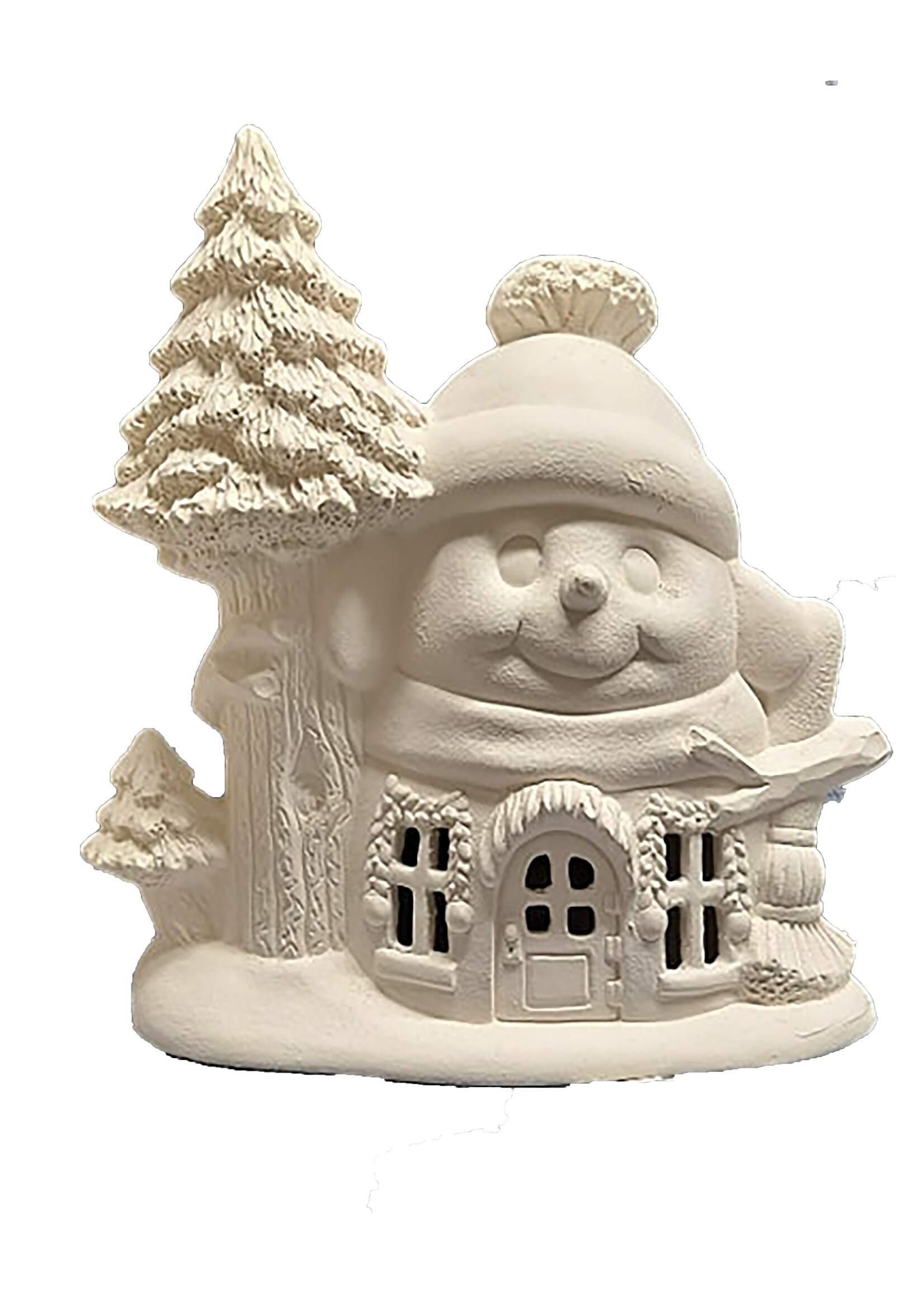 Creative Kreations Ceramics and Gifts Toasty Snowman Retreat 10" x 9" Fairy House Ceramic Bisque, Ready to Paint