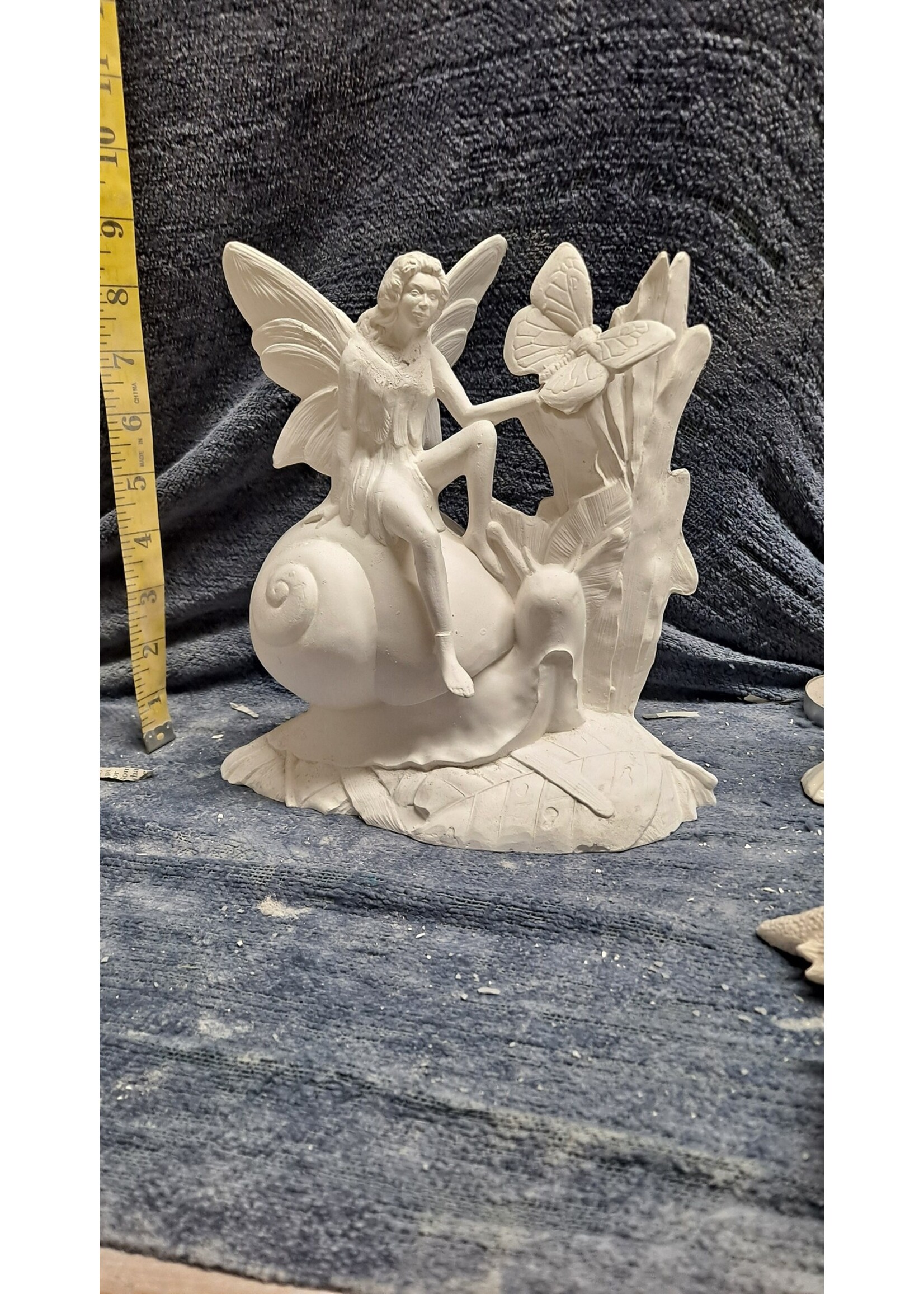 Creative Kreations Ceramics and Gifts Fairy with Snail and Butterfly 8" Ceramic Bisque, Ready to paint