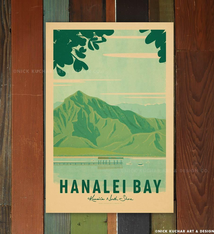 Nick Kuchar 12X18 RETRO HAWAII TRAVEL PRINT: HANALEI BAY, KAUAI, NORTH SHORE