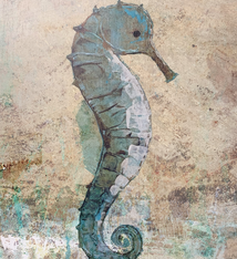 John Baran BLUE SEA HORSE, 9X12 PRINT ON WOOD