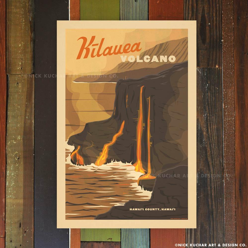 Nick Kuchar 12X18 RETRO TRAVEL PRINT: KILAUEA VOLCANO