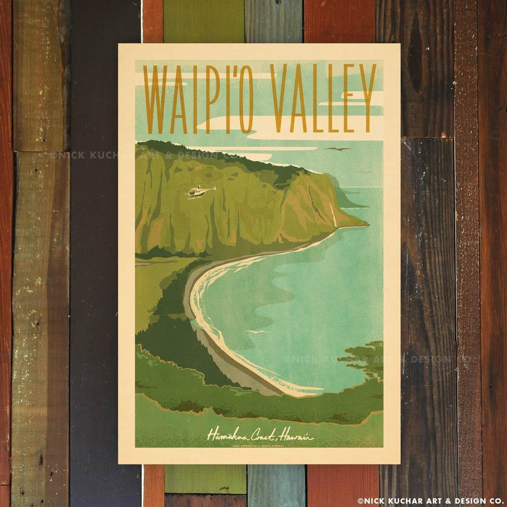Nick Kuchar 12X18 RETRO TRAVEL PRINT: WAIPIO VALLEY BIG ISLAND