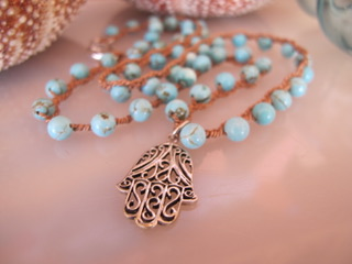 MiNei Designs Necklace:22" Turquoise Beads with Sterling Hamsa Pendant