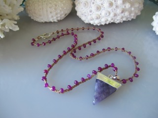MiNei Designs #2011   22” Ruby Jade Beads with Silver Edged Amethyst Charm