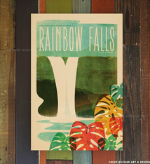 Nick Kuchar 12X18 RETRO TRAVEL PRINT: RAINBOW FALLS BIG ISLAND