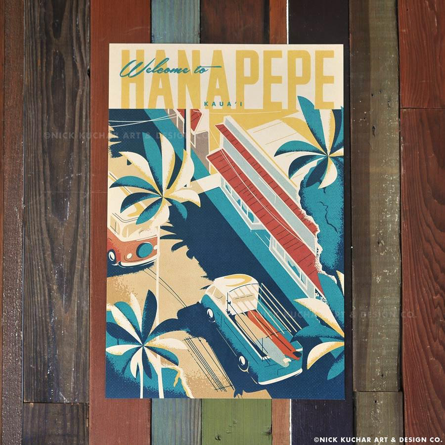 Nick Kuchar 12X18 RETRO TRAVEL PRINT: HANAPEPE TOWN