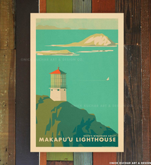 Nick Kuchar 12X18 RETRO TRAVEL PRINT: MAKAPUU LIGHTHOUSE, OAHU