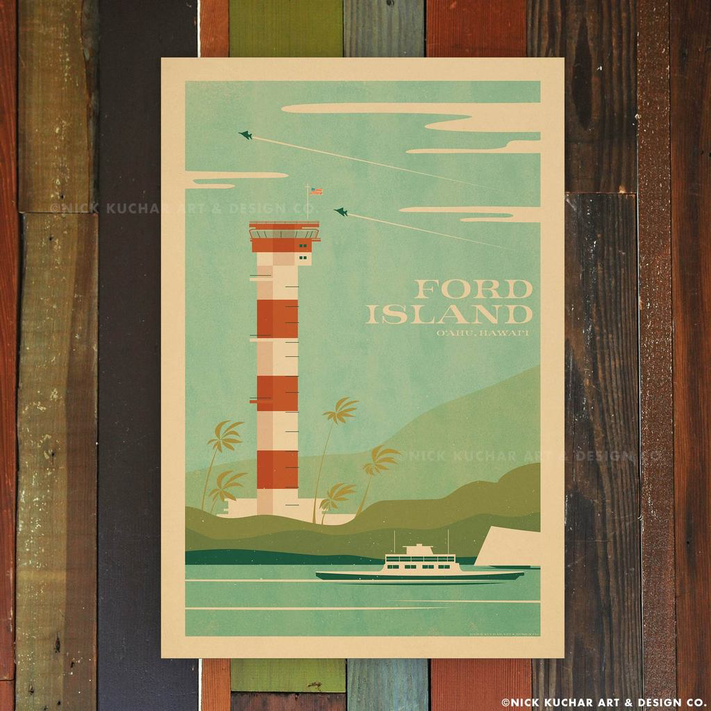 Nick Kuchar 12X18 RETRO TRAVEL PRINT: FORD ISLAND, OAHU