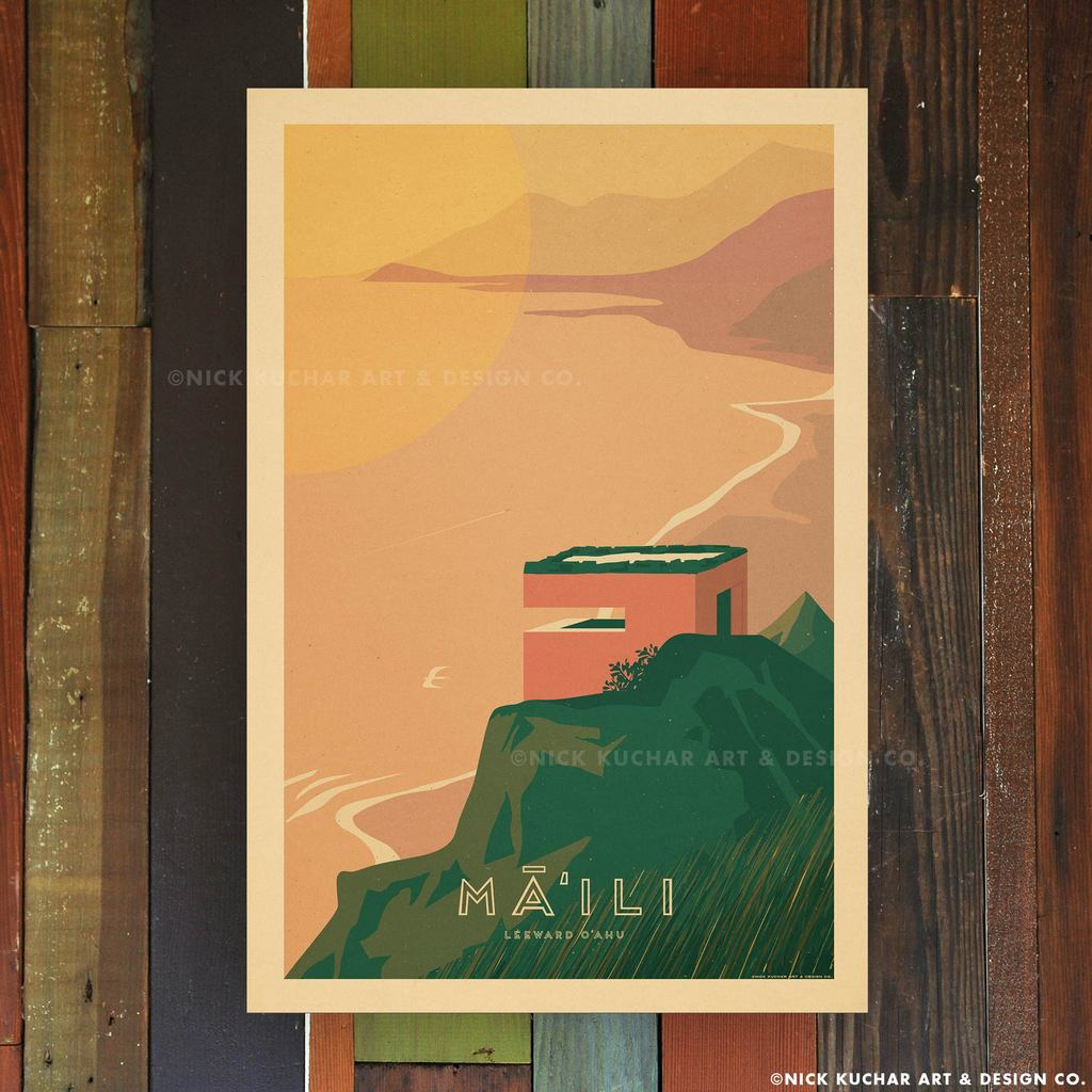 Nick Kuchar 12X18 RETRO TRAVEL PRINT: MAILI, OAHU