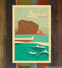 Nick Kuchar 12X18 RETRO TRAVEL PRINT: LANAI-PUU PEHE