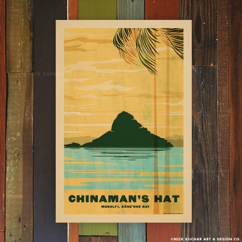 Nick Kuchar 12X18 RETRO HAWAII TRAVEL PRINT: CHINAMANS HAT