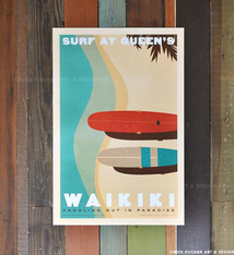 Nick Kuchar 12X18 RETRO HAWAII TRAVEL PRINT: SURF AT QUEENS