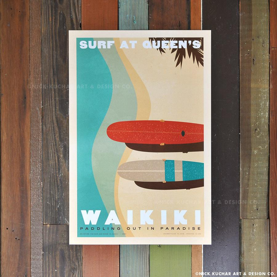 Nick Kuchar 12X18 RETRO HAWAII TRAVEL PRINT: SURF AT QUEENS