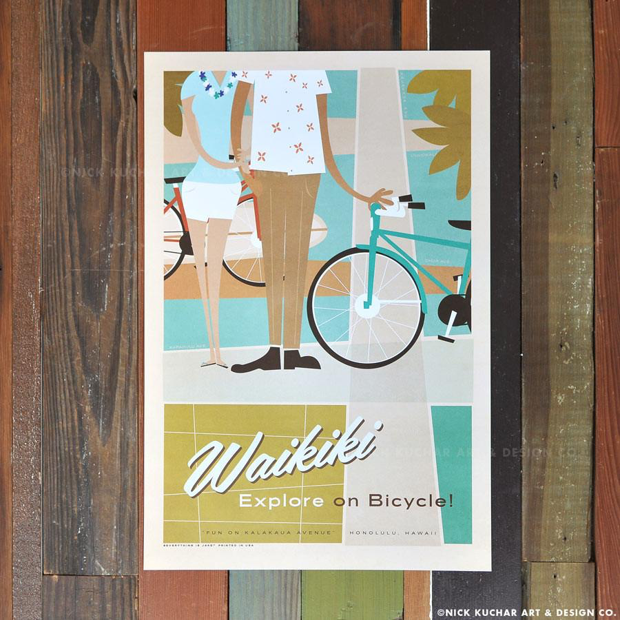 Nick Kuchar 12X18 RETRO HAWAII TRAVEL PRINT: WAIKIKI BIKES