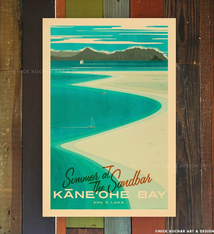 Nick Kuchar 12X18 RETRO HAWAII TRAVEL PRINT: KANEOHE SANDBAR