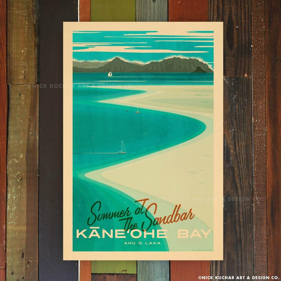 Nick Kuchar 12X18 RETRO HAWAII TRAVEL PRINT: KANEOHE SANDBAR