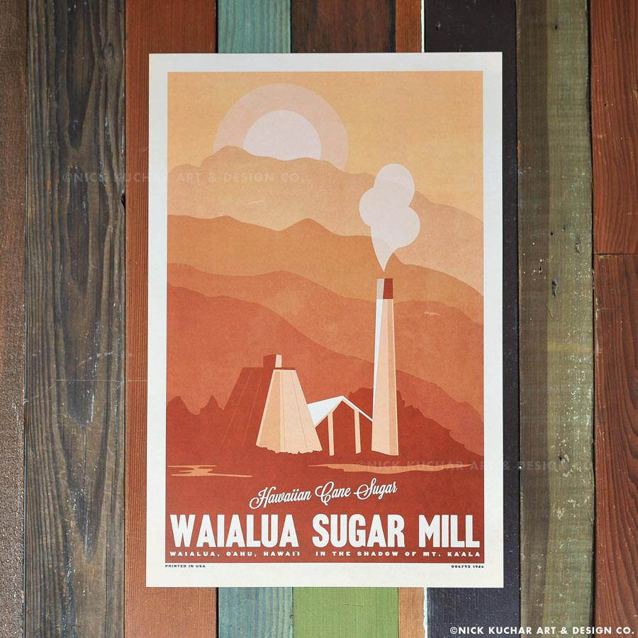 Nick Kuchar 12X18 RETRO HAWAII TRAVEL PRINT: WAIALUA SUGAR MILL