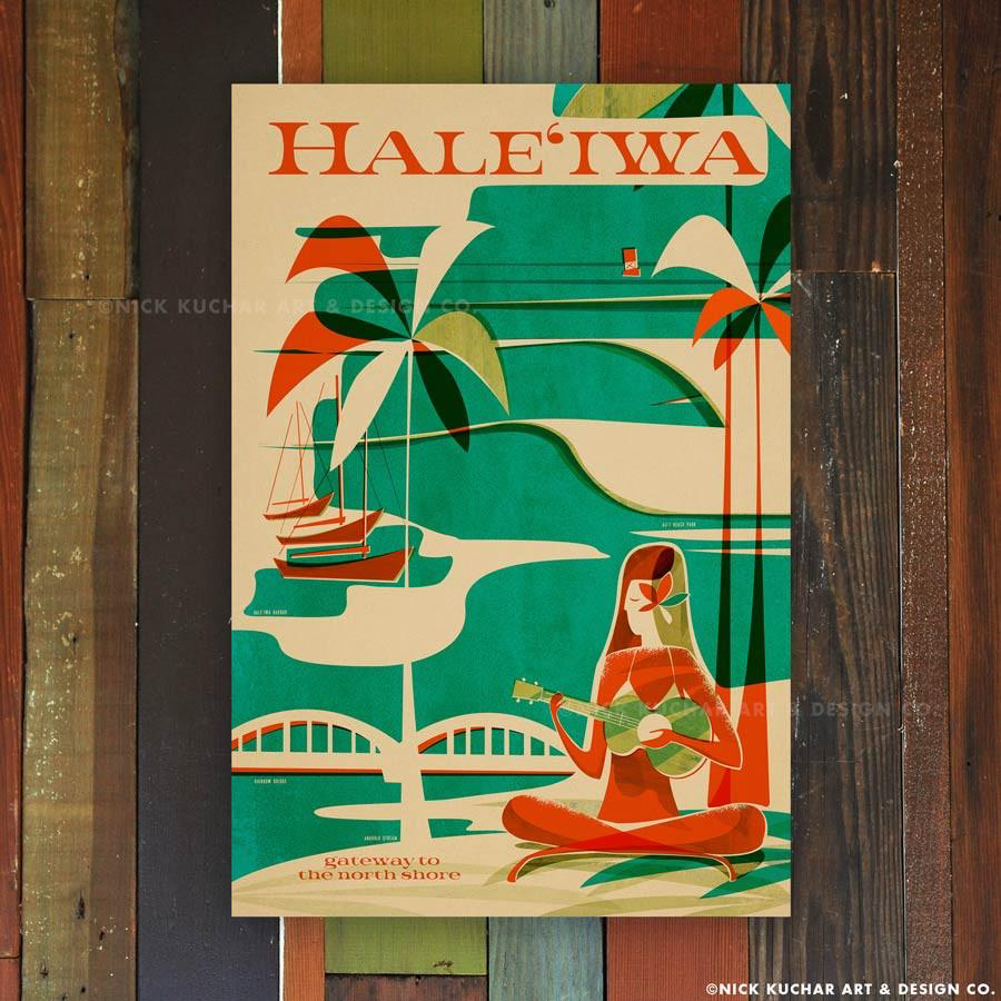 Nick Kuchar 12X18 RETRO HAWAII TRAVEL PRINT: HALEIWA WAHINE