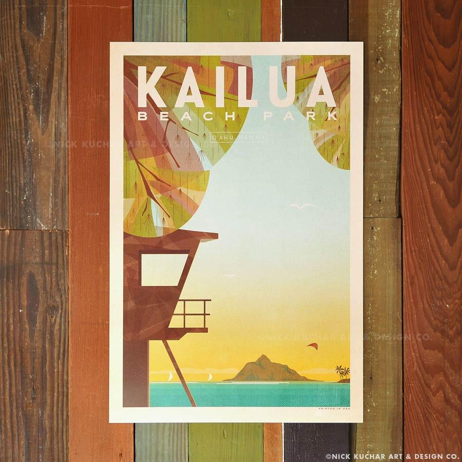 Nick Kuchar 12X18 RETRO HAWAII TRAVEL PRINT: KAILUA BEACH PARK
