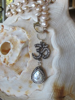 MiNei Designs 2201 26”  Blush Freshwater Pearls with Pave Teardrop Coin Pearl with Swarovski Crystals and Ohm Pendant (can be worn either way)