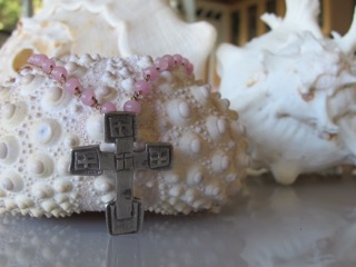 MiNei Designs 18” Pink Glass Beads with Sterling Artisan Cross