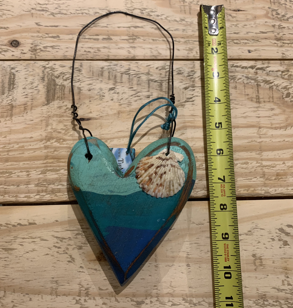 Nadia Fairlamb PAINTED BLUE WOODEN HEART WITH SHELL AND HANGER