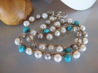 MiNei Designs #2433  16" Turquoise, Gret and Cream Freshwater Pearls Necklace