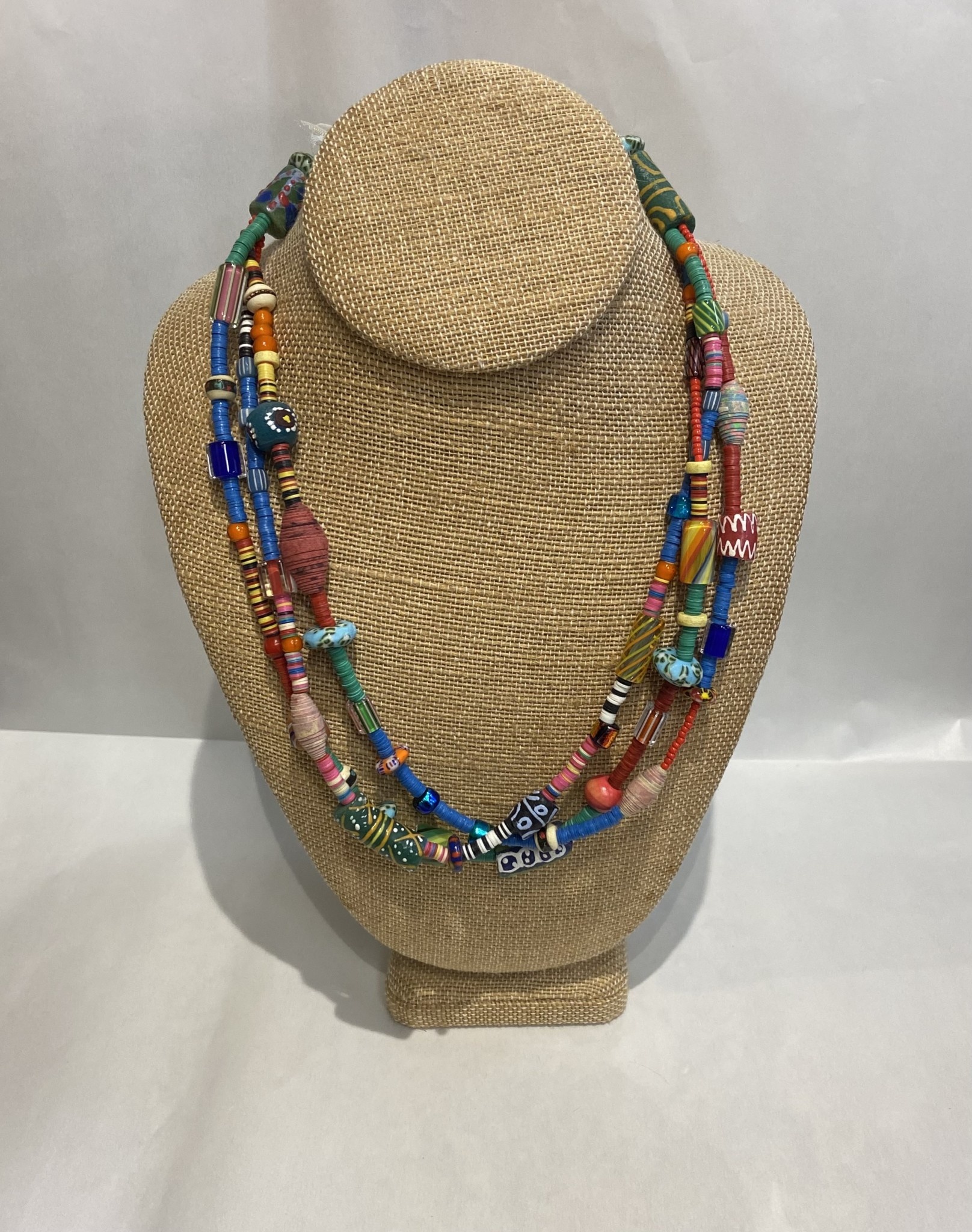 BAC2 - Triple strand spring mix predominantly blues and greens, with  Venetian glass, new African glass tribal beads, handmade paper beads from 