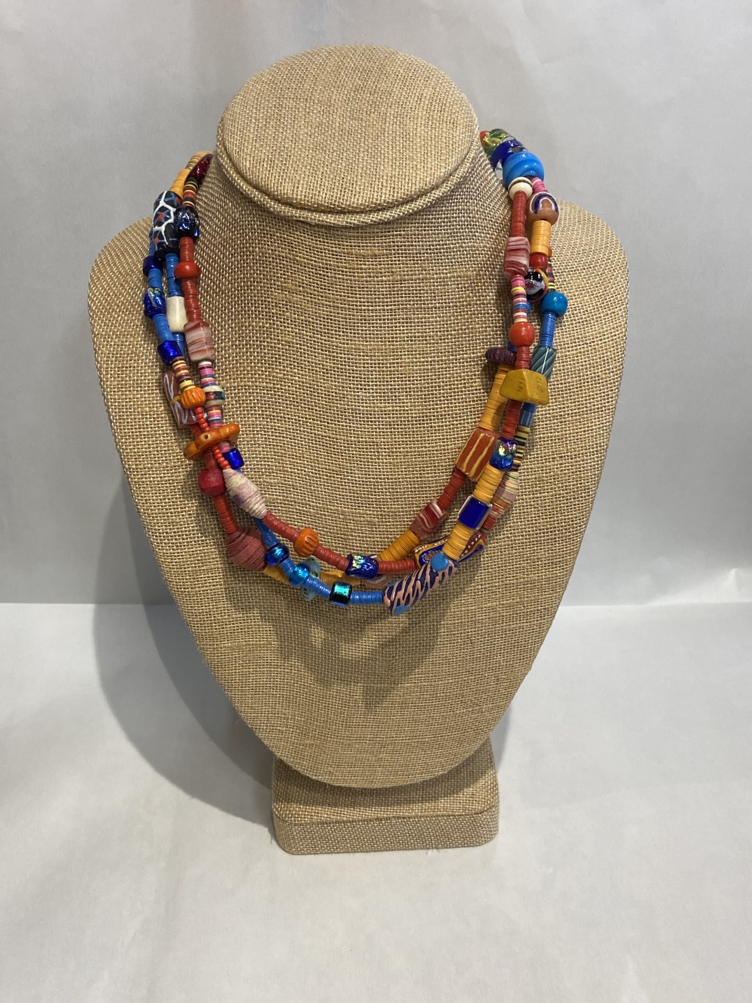 BAC4 - Triple strand multi-color spring mix with Venetian glass, new  African glass tribal beads, handmade paper beads from Colombia and Guyana, 