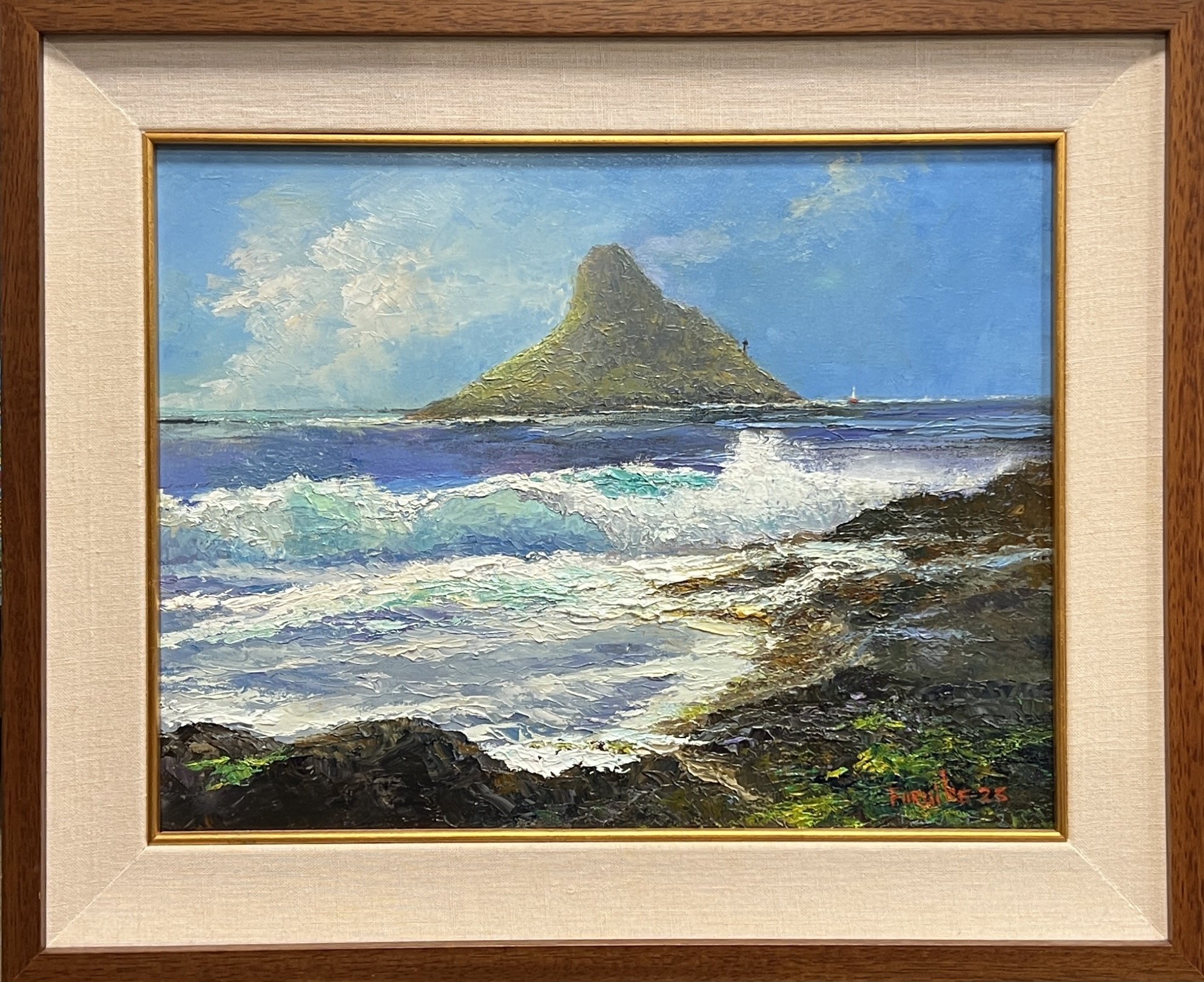 Ed Furuike BLUE MORNING OFF KUALOA, 18”X14” ORIGINAL PALETTE KNIFE OIL PAINTING