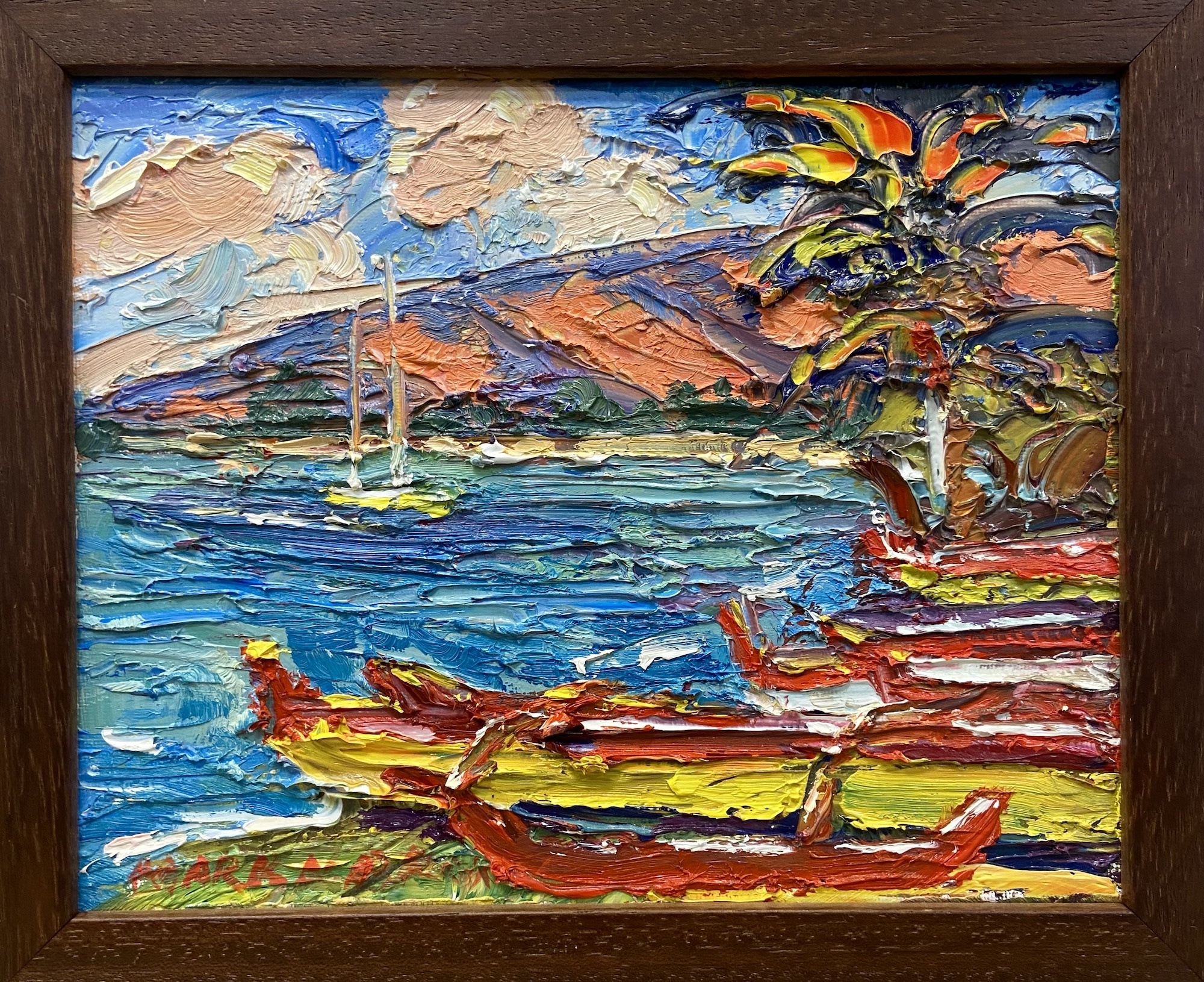 Mark Brown ORIGINAL OIL PAINTING, FRAMED: 8”X10” KIHEI CANOE CLUB”