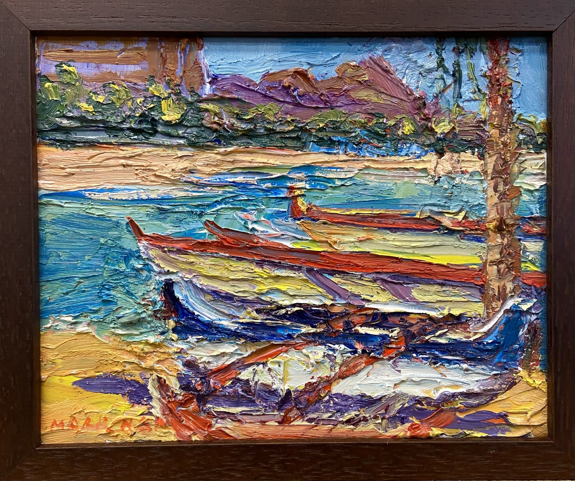 Mark Brown ORIGINAL OIL PAINTING, FRAMED: 8”X10” “THREE CANOES”