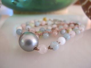 MiNei Designs #2532 Necklace: 18" Mixed Smooth Pastel Agate with Tahitian Pearl