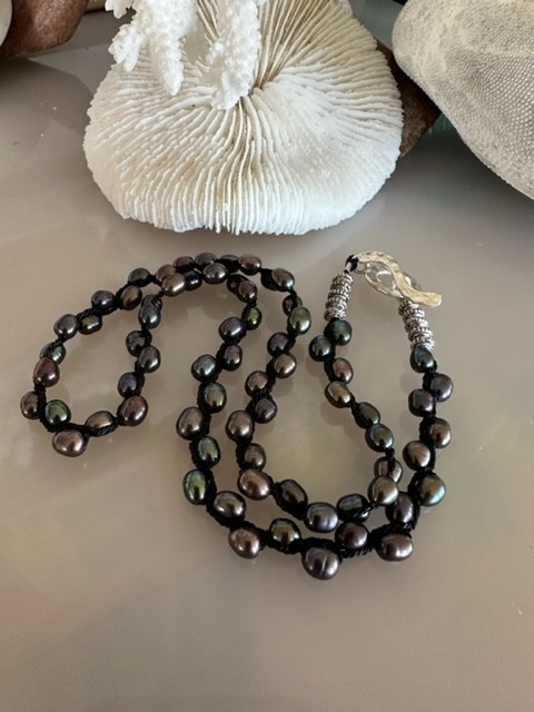 MiNei Designs #2559  Necklace: 18" Black Freshwater Rice Pearls with Bali Silver