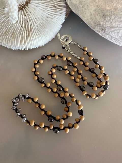 MiNei Designs #2567  Necklace: 22"Wood Beads, Black Rice Pearls and Bali Silver