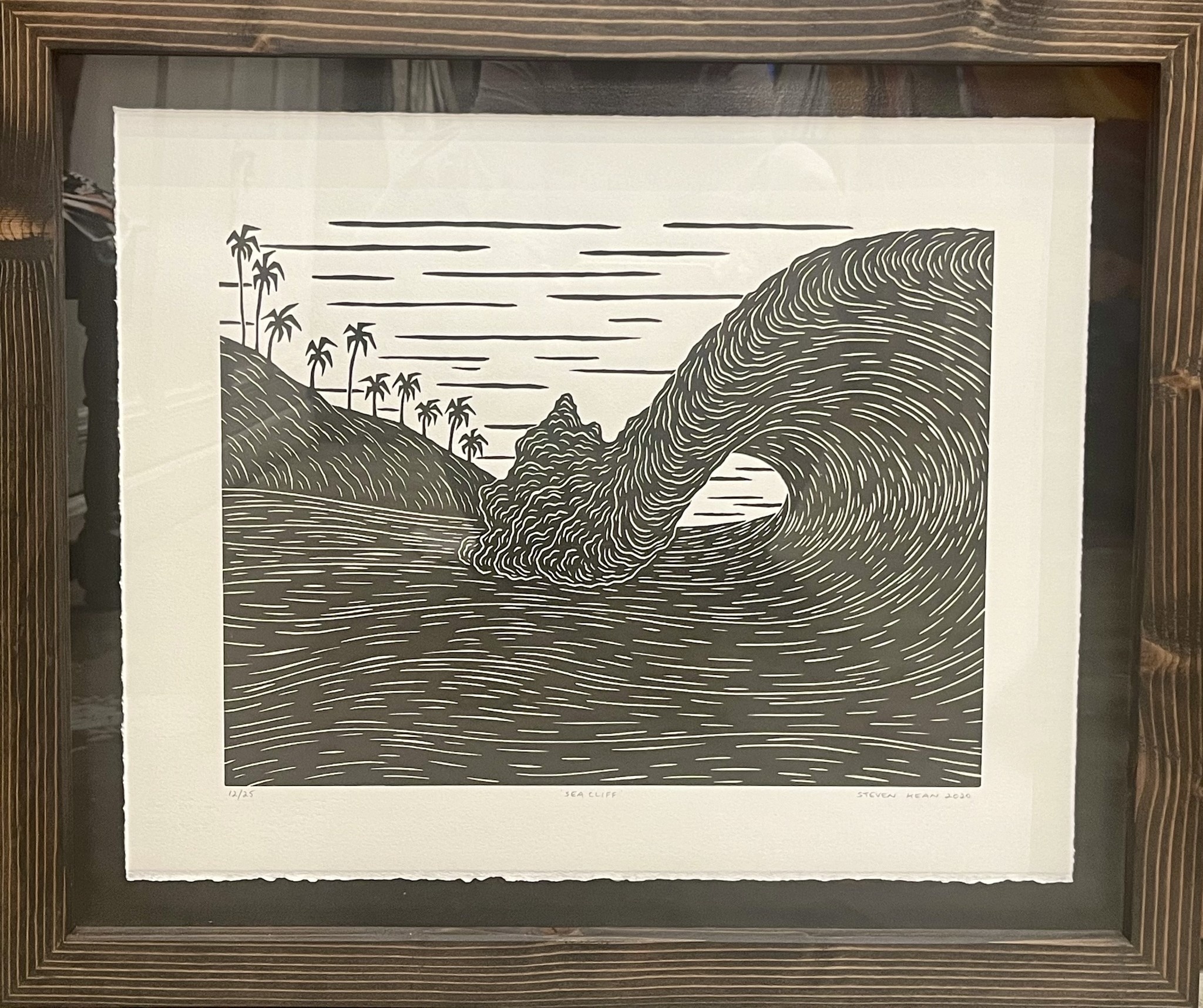 Kean Arts SEA CLIFF, FRAMED (Kiln Dried Douglas fir) ORIGINAL WOODCUT PRINT #12/25 ON HANDMADE WASHI PAPER, APPROX. 20”X16” WITH OUTER FRAME APPROX 25”X21”