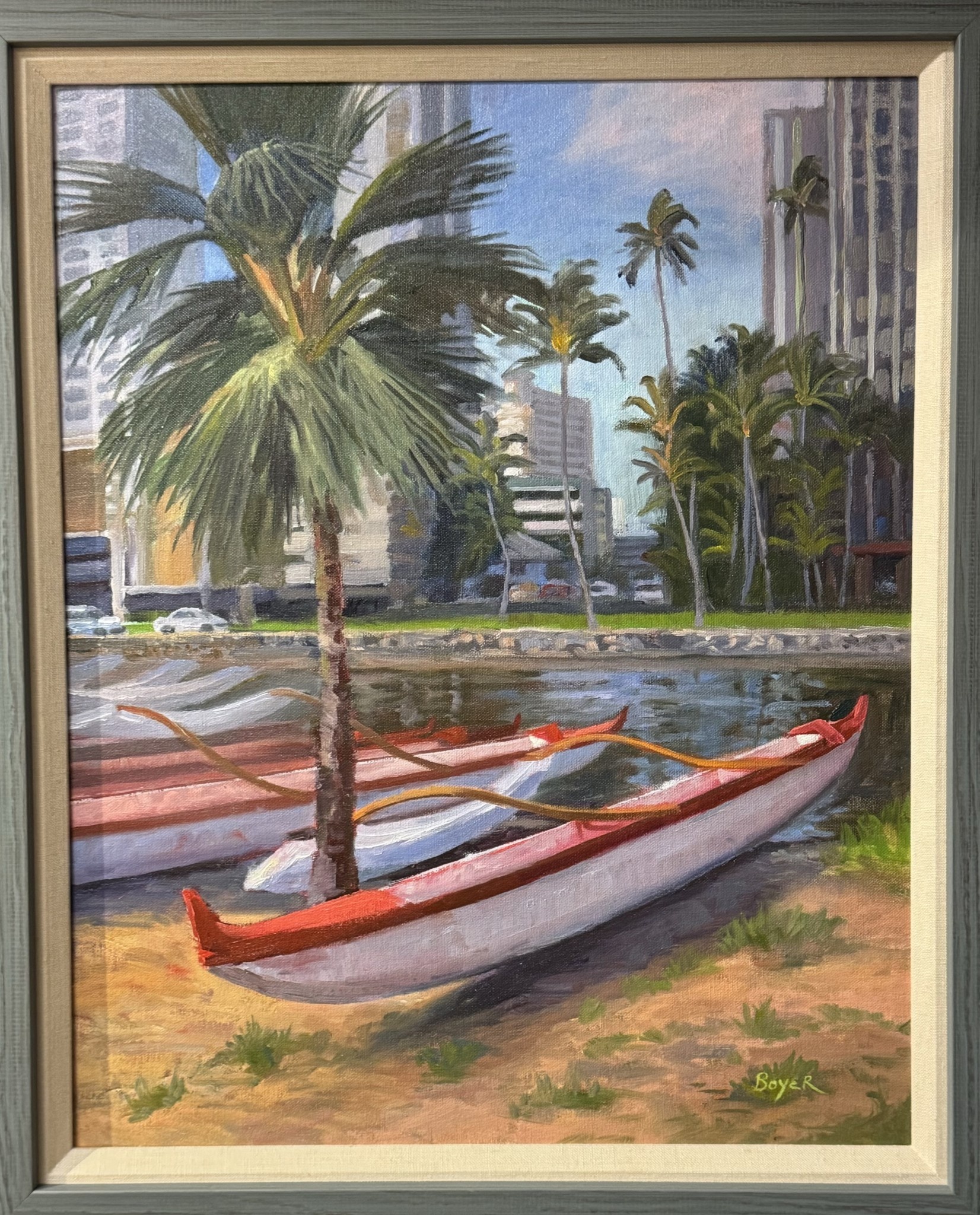 Lynne Boyer ALA WAI CANOES, 16X20 ORIGINAL OIL ON CANVAS WITH DELUXE WOOD FRAME