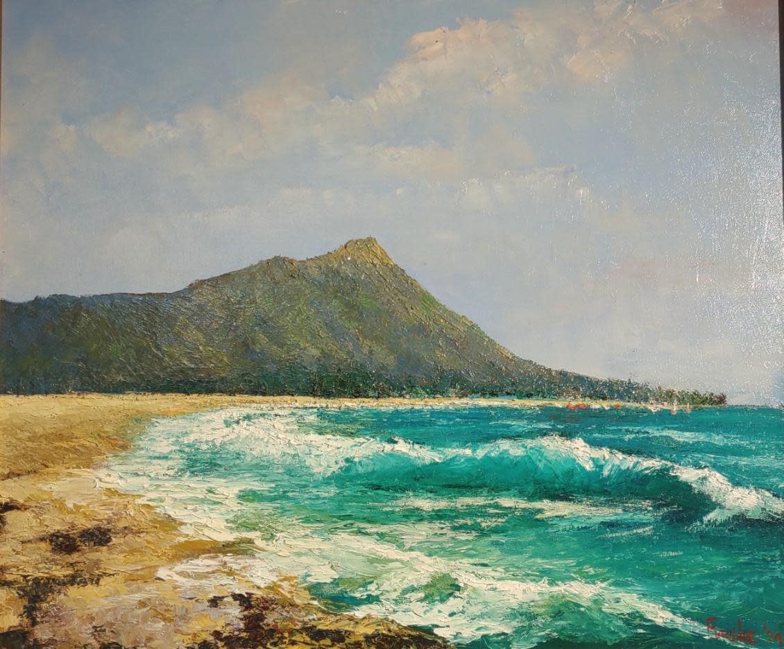 Ed Furuike Diamondhead, A Quiet Sunday Morning, 20X24 Framed Original Palette Knife Oil Painting