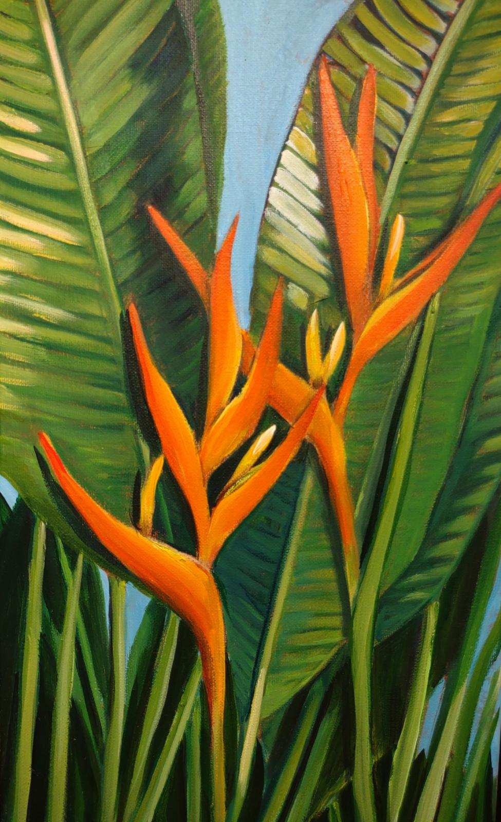 Ellen Michino PARAKEET ORANGE HELICONIA, ORIGINAL OIL PAINTING 10X20 FRAMED