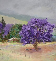 Ed Furuike Under the Jacaranda Tree, Upcountry Makawao, a 16X20 Framed Original Palette Knife Oil Painting