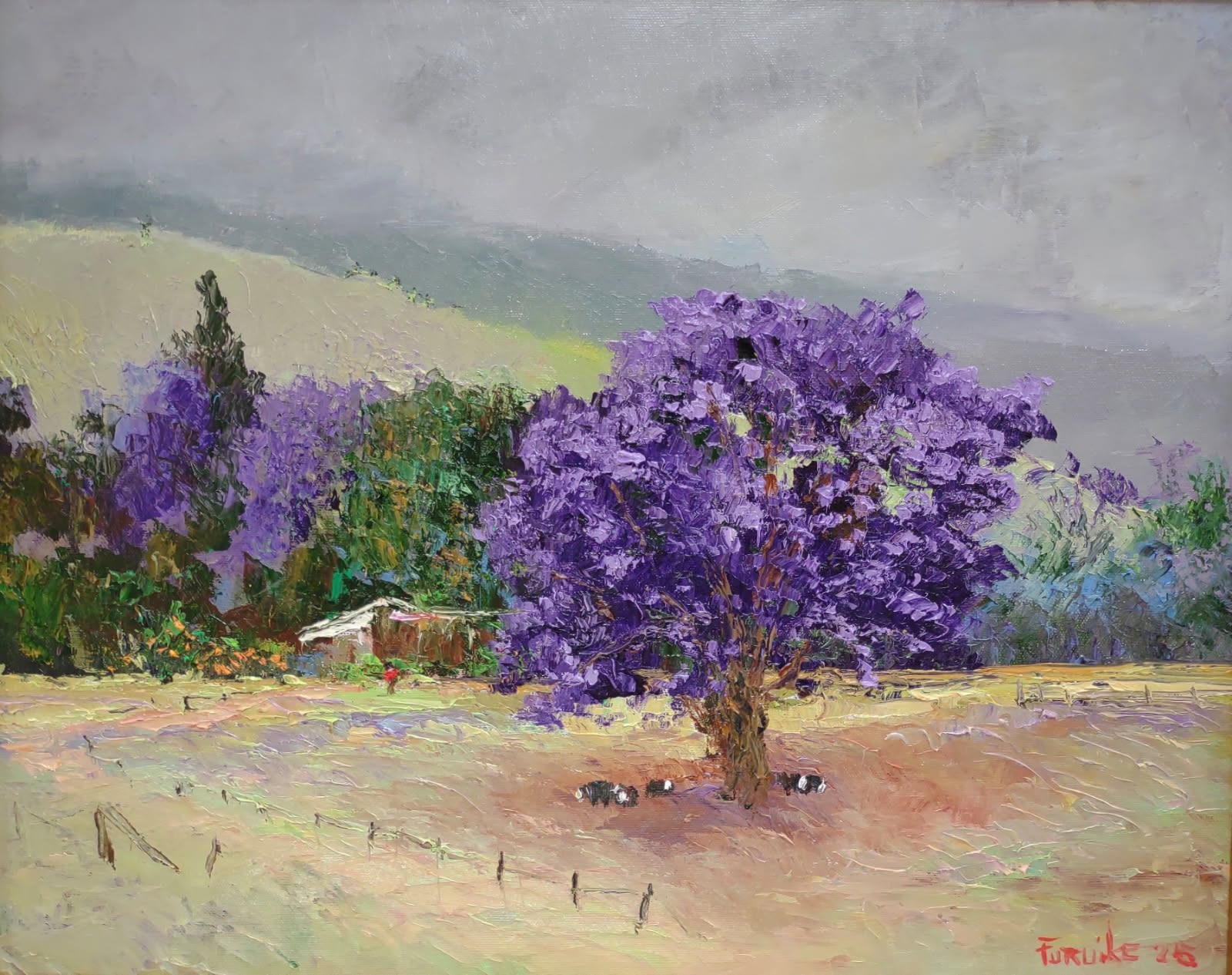 Ed Furuike Under the Jacaranda Tree, Upcountry Makawao, a 16X20 Framed Original Palette Knife Oil Painting