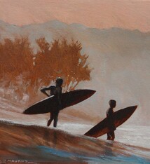 Eric Maurus North Shore Surfers – Framed 10x10 Original Oil Painting on Canvas by Eric Maurus